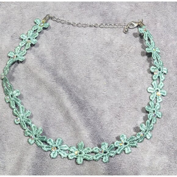Turquoise Floral Lace Rhinestone Choker Necklace - Picture 6 of 6